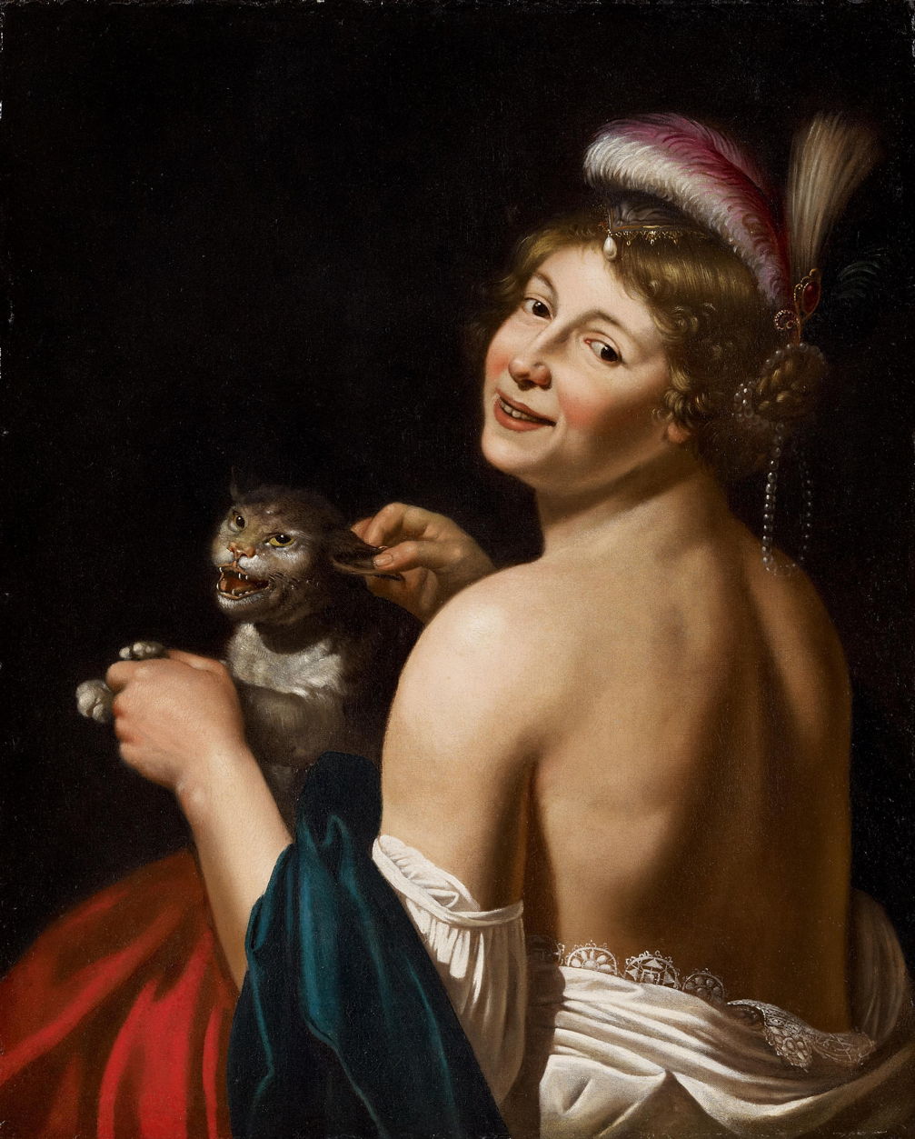 Un tableau du 17ième siècle : sur un fond noir, une femme, de trois-quart, tient sur ses genoux un chat dont elle tire l'oreille d'une main et emprisonne les pattes avant de l'autre. Le chat hurle tandis que la femme sourit au spectateur avec un certain sadisme.