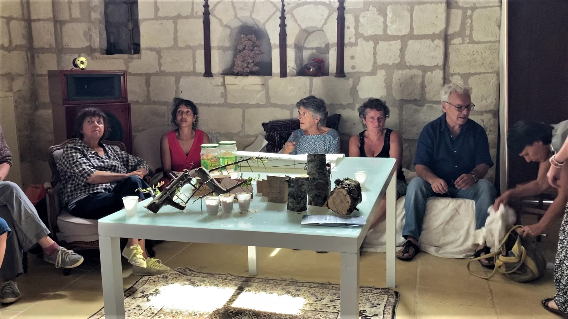 Un groupe de participants autour d'une table basse dans une salle aux murs de pierres. Sont disposés sur la table des éléments à toucher en matière végétale (bûches, constructions en branches etc.).