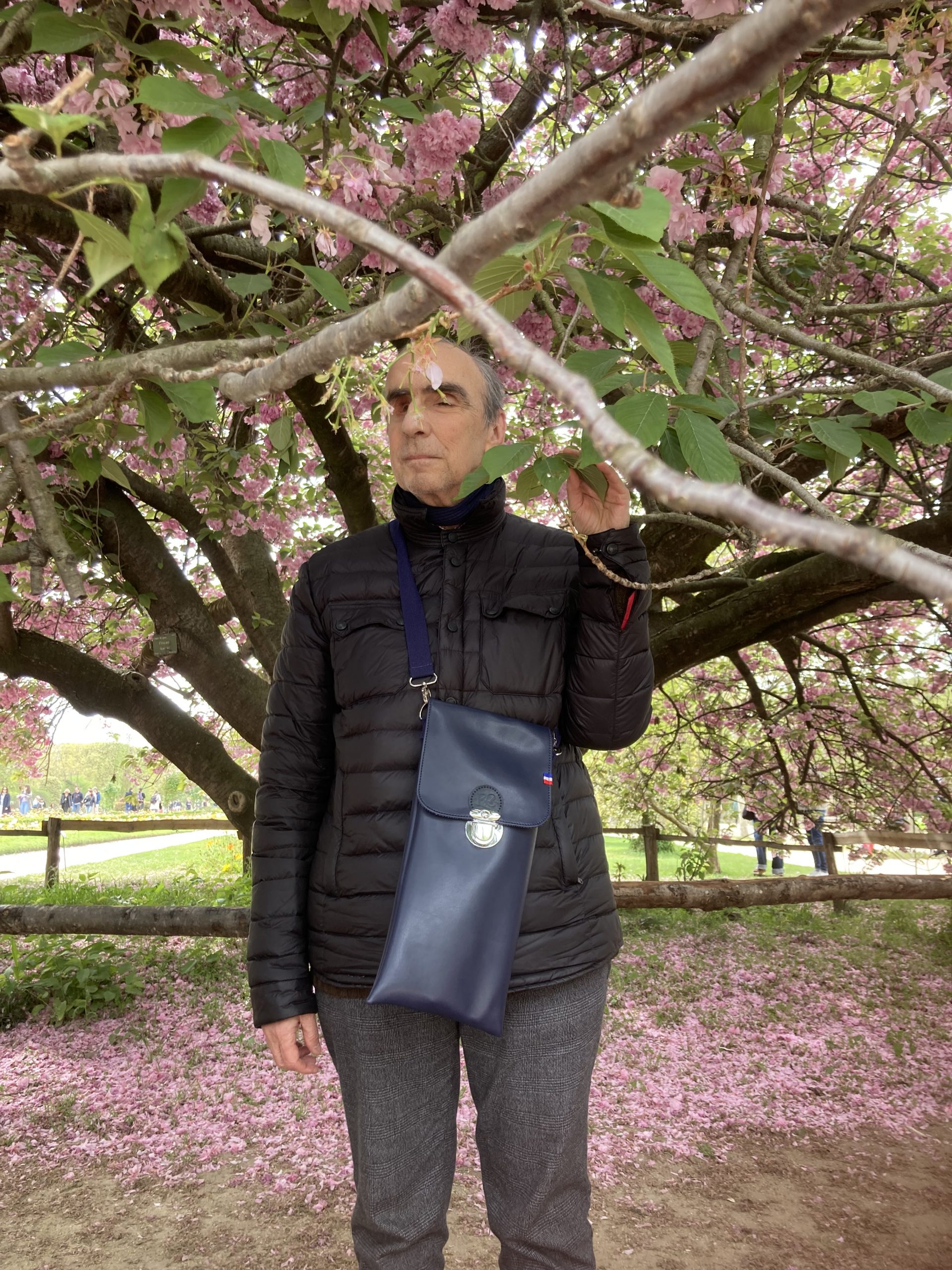 Sous les branches en fleurs d'un cerisier, un homme se tient debout. Un bras le long du corps, il pose son autre main sur l'une des branches qui descend au niveau de son visage. Il semble paisible. Le sol est recouvert d'un tapis de pétales roses.
