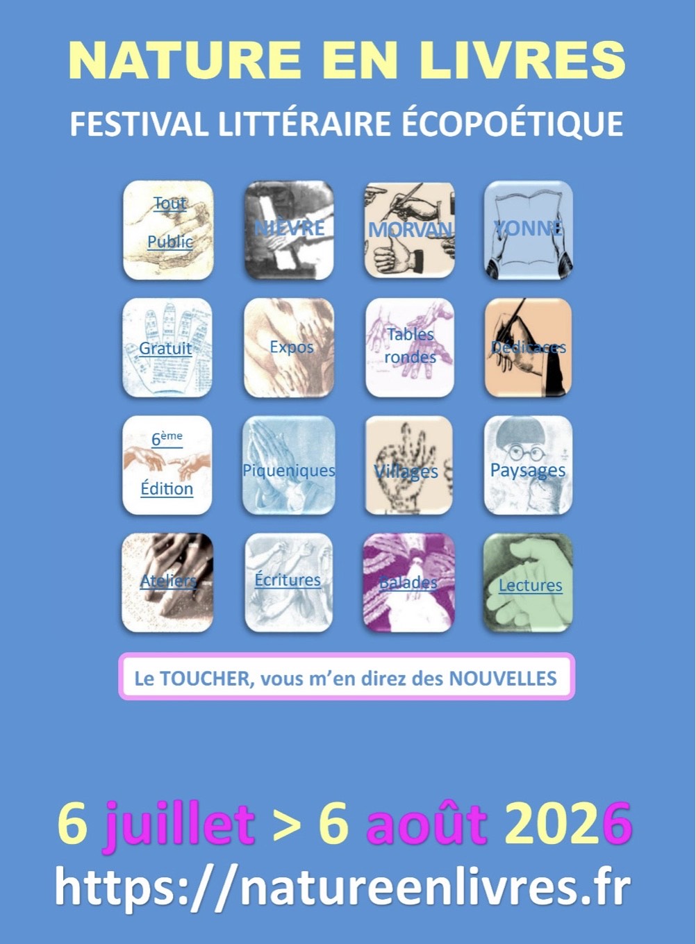 Affiche de l'exposition. Sur fons bleu clair, des petits carrés comme des mosaïques donnent chacun une information sur l'événement (lieu, thématiques, etc) se basant chacun sur une gravure ancienne (des mains pour la plupart).